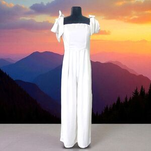 Here Comes The Sun White Jumpsuit Wide Leg Capped Sleeves Women's Size 12 Lined